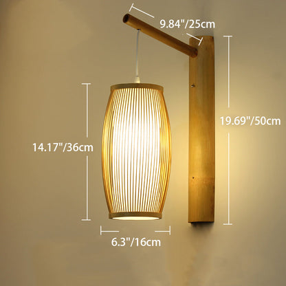 Chinese Cylinder Round PVC Wood 1-Light Wall Sconce Lamp