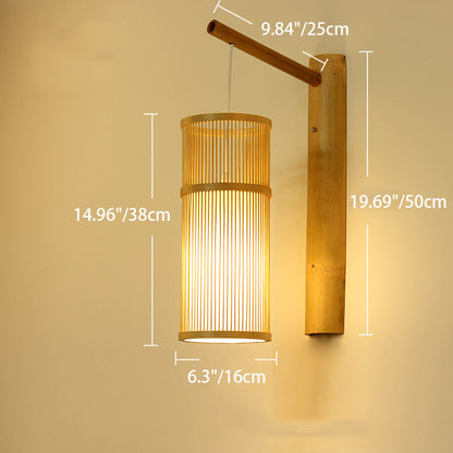 Chinese Cylinder Round PVC Wood 1-Light Wall Sconce Lamp