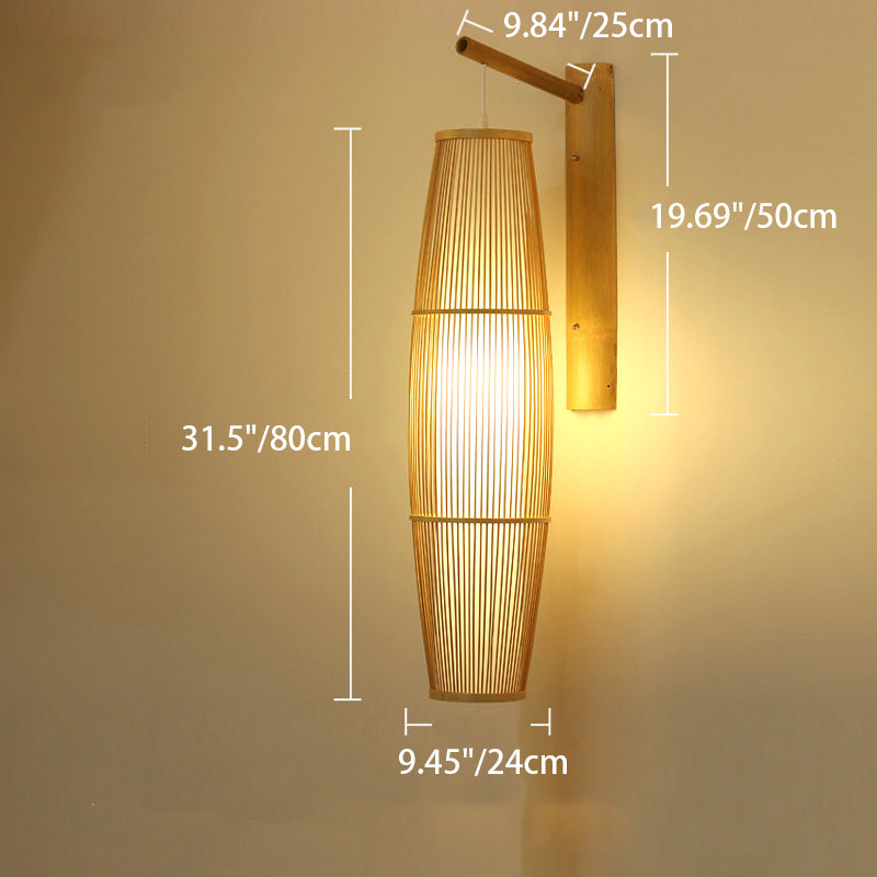 Chinese Cylinder Round PVC Wood 1-Light Wall Sconce Lamp