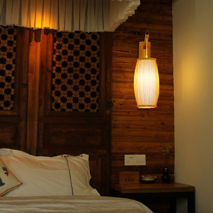 Chinese Cylinder Round PVC Wood 1-Light Wall Sconce Lamp