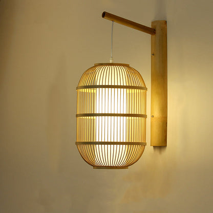 Chinese Cylinder Round PVC Wood 1-Light Wall Sconce Lamp