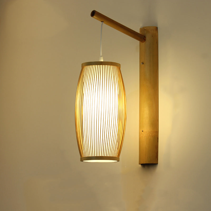 Chinese Cylinder Round PVC Wood 1-Light Wall Sconce Lamp