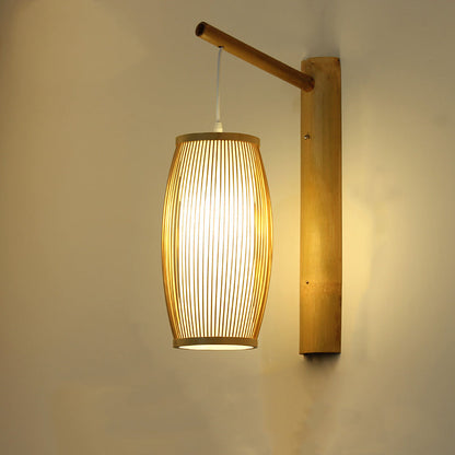 Chinese Cylinder Round PVC Wood 1-Light Wall Sconce Lamp