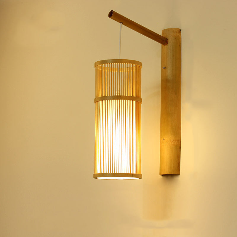 Chinese Cylinder Round PVC Wood 1-Light Wall Sconce Lamp