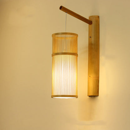Chinese Cylinder Round PVC Wood 1-Light Wall Sconce Lamp