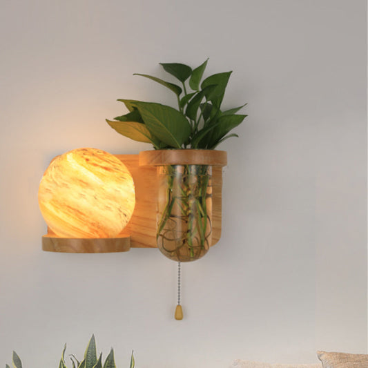 Art Deco Planet Column Glass Oak 1-Light Wall Sconce Lamp