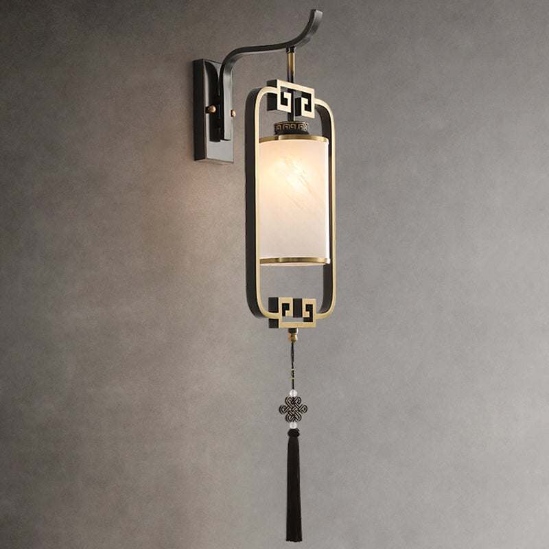 Chinese Square Glass Copper 1-Light Wall Sconce Lamp