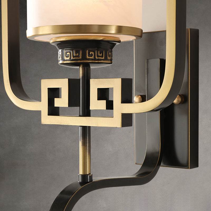 Chinese Square Glass Copper 1-Light Wall Sconce Lamp
