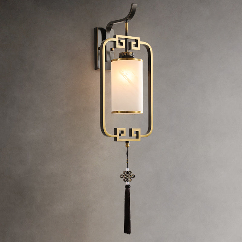 Chinese Square Glass Copper 1-Light Wall Sconce Lamp