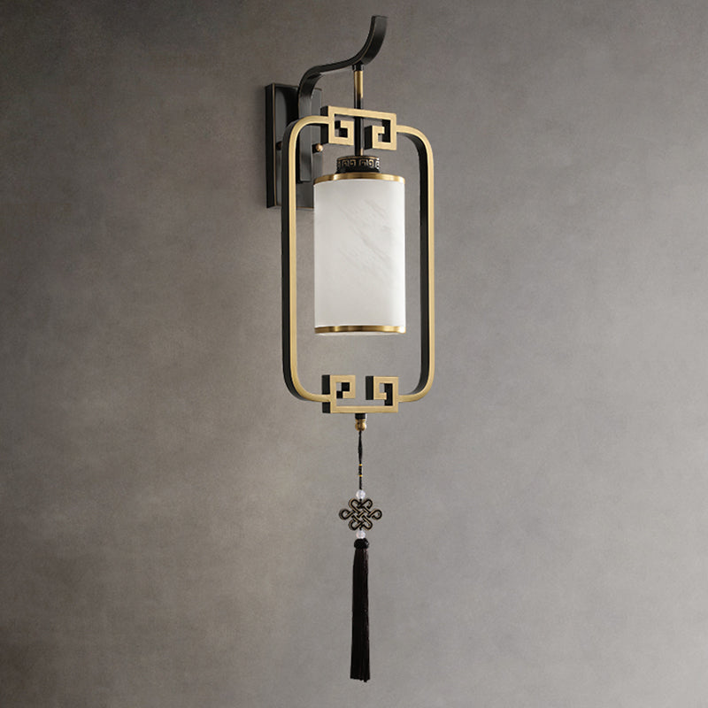 Chinese Square Glass Copper 1-Light Wall Sconce Lamp