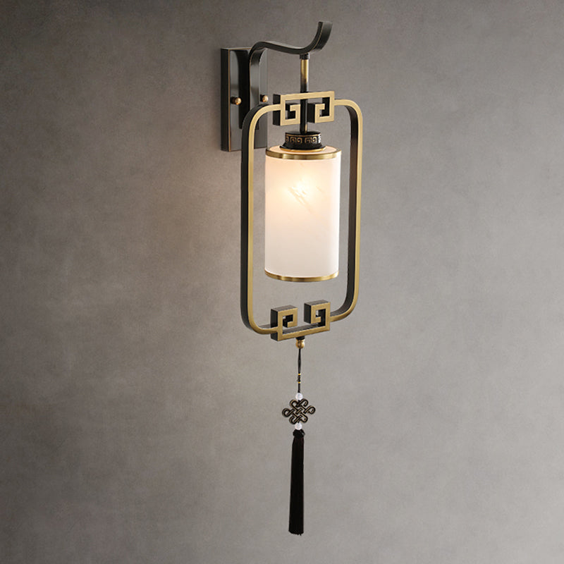 Chinese Square Glass Copper 1-Light Wall Sconce Lamp