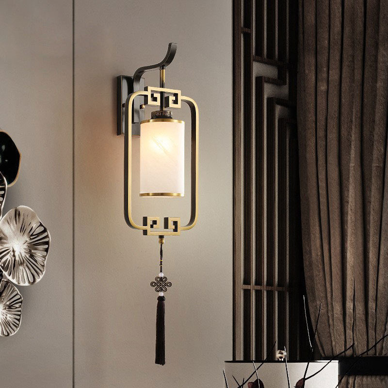 Chinese Square Glass Copper 1-Light Wall Sconce Lamp