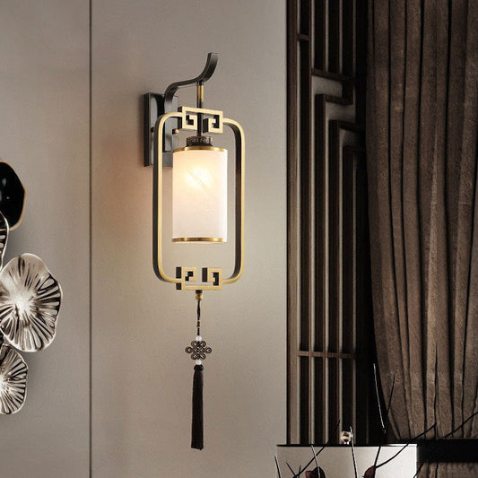 Chinese Square Glass Copper 1-Light Wall Sconce Lamp