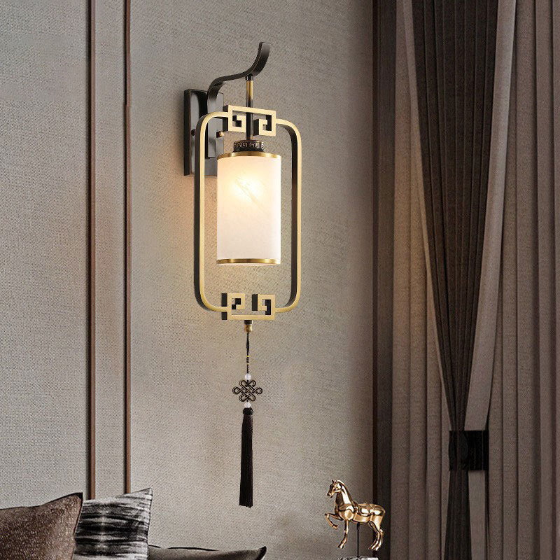 Chinese Square Glass Copper 1-Light Wall Sconce Lamp