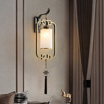 Chinese Square Glass Copper 1-Light Wall Sconce Lamp