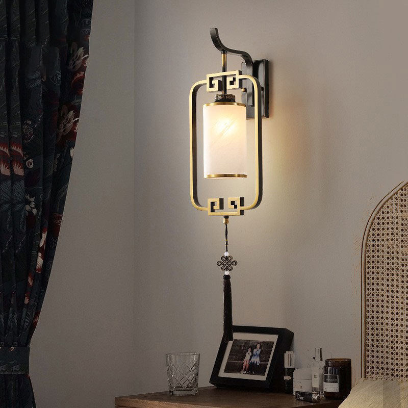 Chinese Square Glass Copper 1-Light Wall Sconce Lamp