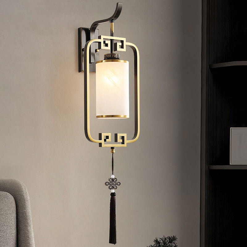 Chinese Square Glass Copper 1-Light Wall Sconce Lamp