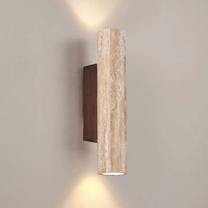 Contemporary Scandinavian Cylinder Round Yellow Travertine Wood 2-Light Wall Sconce Lamp For Living Room