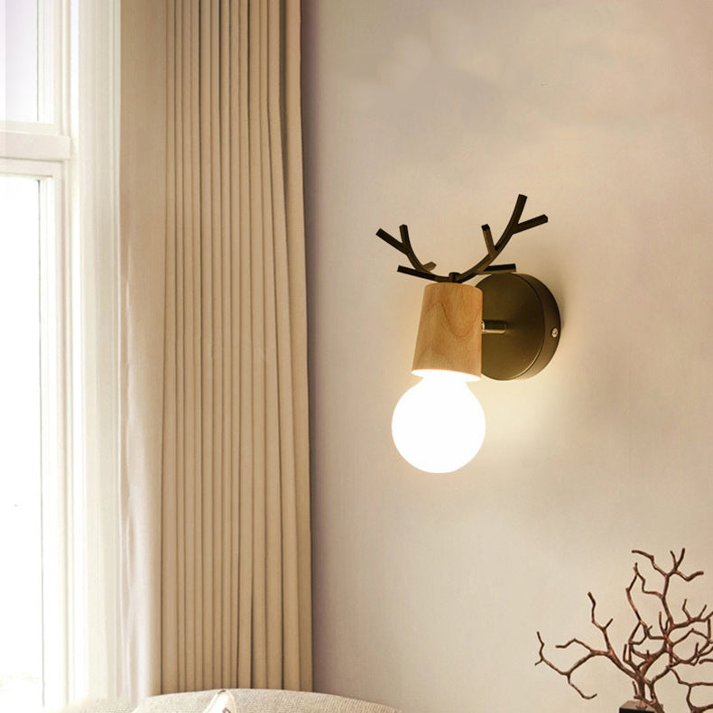 Deco Round Glass Rubberwood Metal 1-Light Wall Sconce Lamp