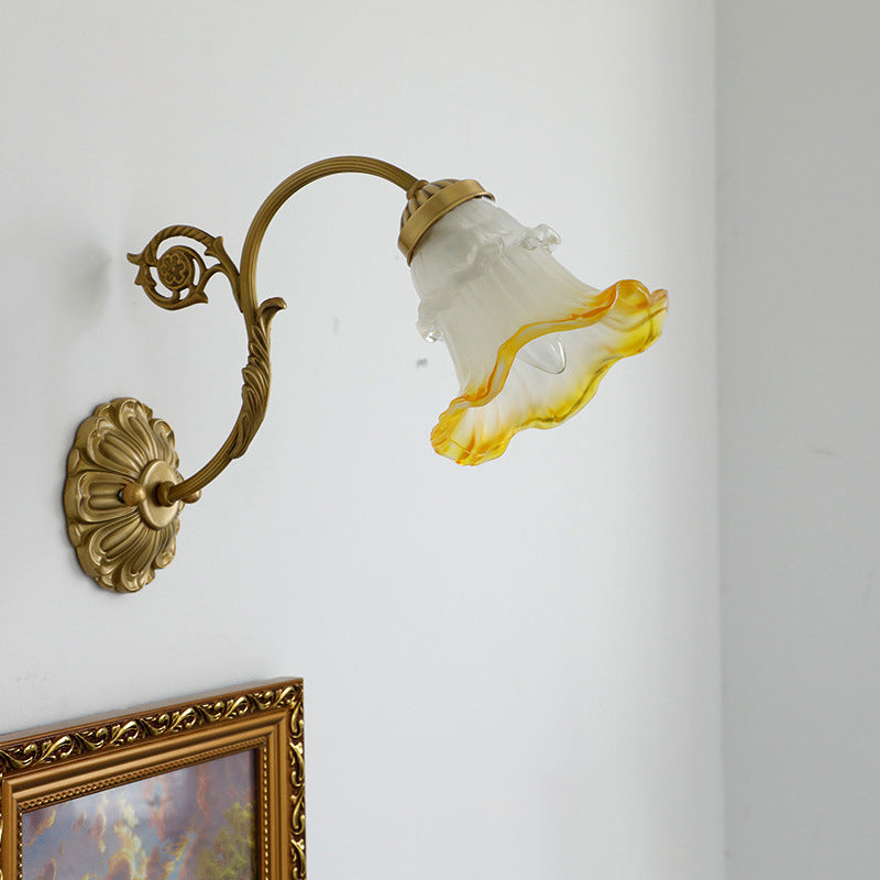 French Rose Floral Glass Brass 1-Light Wall Sconce Lamp