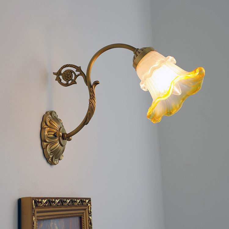 French Rose Floral Glass Brass 1-Light Wall Sconce Lamp