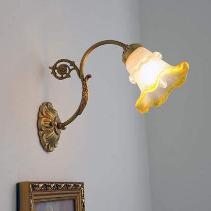 French Rose Floral Glass Brass 1-Light Wall Sconce Lamp
