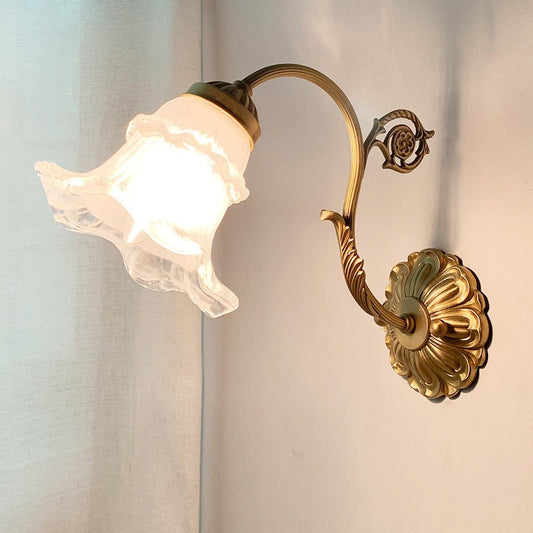 French Rose Floral Glass Brass 1-Light Wall Sconce Lamp
