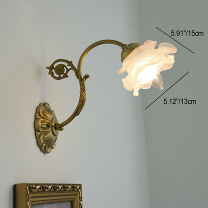 French Rose Floral Glass Brass 1-Light Wall Sconce Lamp