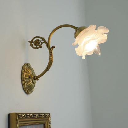 French Rose Floral Glass Brass 1-Light Wall Sconce Lamp