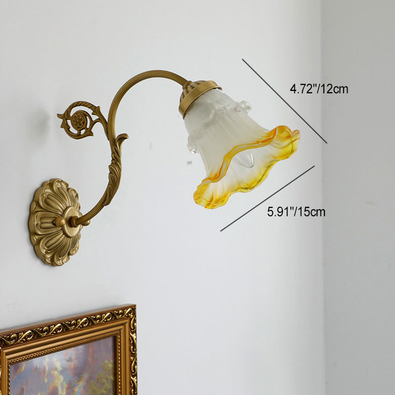 French Rose Floral Glass Brass 1-Light Wall Sconce Lamp
