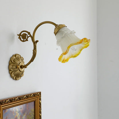 French Rose Floral Glass Brass 1-Light Wall Sconce Lamp