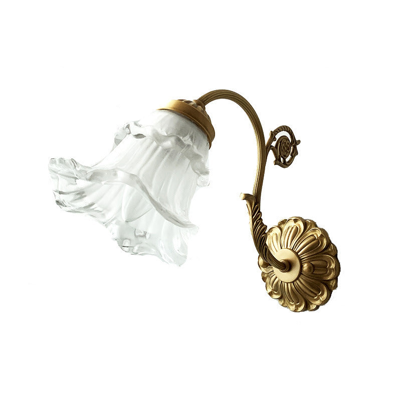 French Rose Floral Glass Brass 1-Light Wall Sconce Lamp