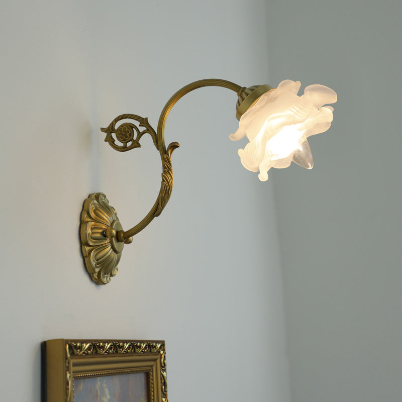 French Rose Floral Glass Brass 1-Light Wall Sconce Lamp