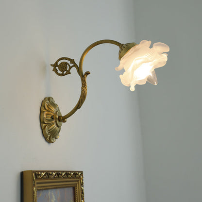 French Rose Floral Glass Brass 1-Light Wall Sconce Lamp