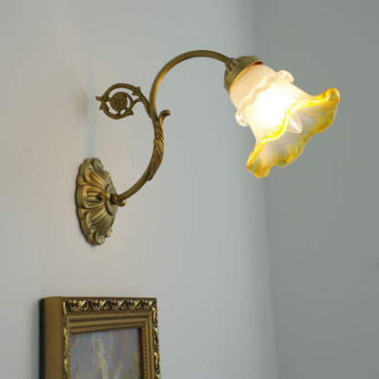 French Rose Floral Glass Brass 1-Light Wall Sconce Lamp