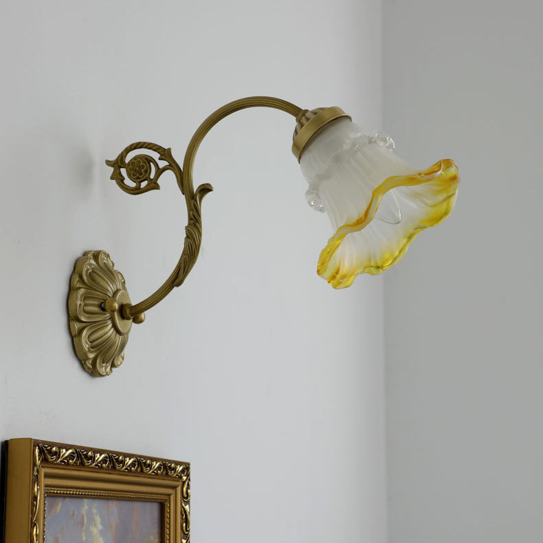 French Rose Floral Glass Brass 1-Light Wall Sconce Lamp