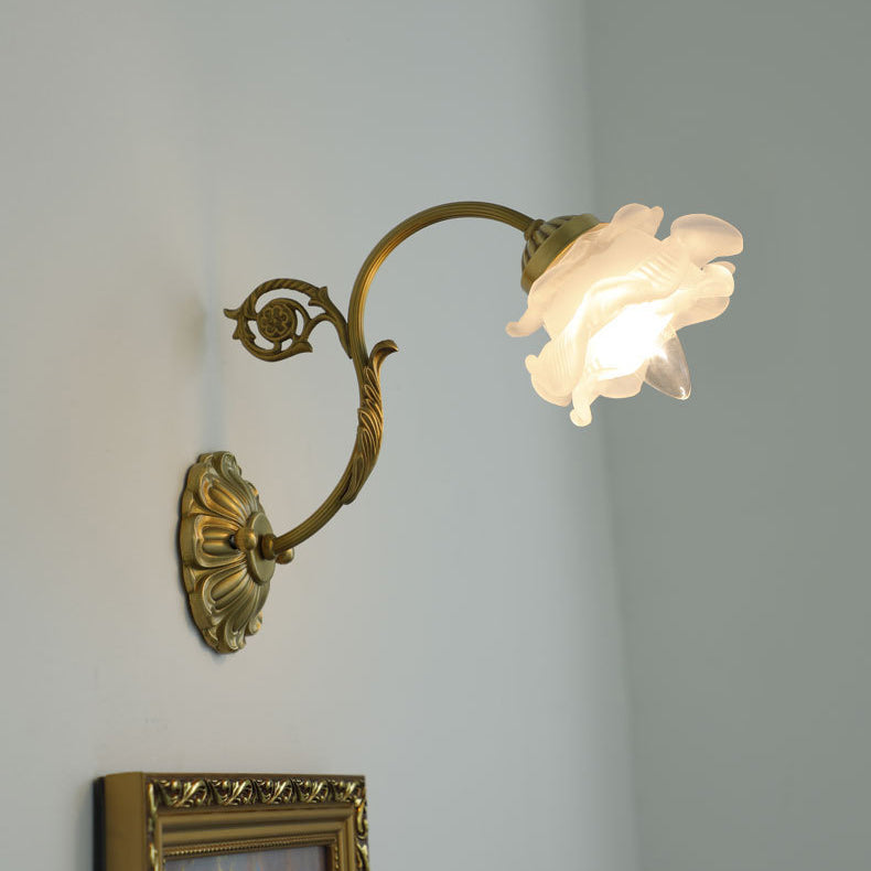 French Rose Floral Glass Brass 1-Light Wall Sconce Lamp