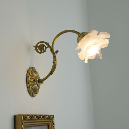 French Rose Floral Glass Brass 1-Light Wall Sconce Lamp