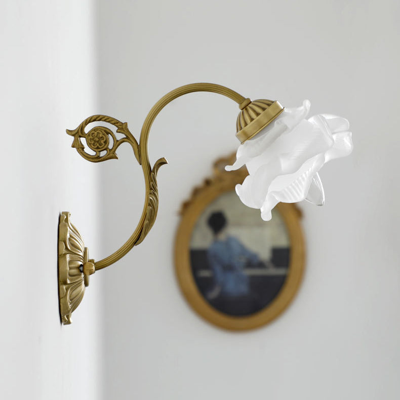 French Rose Floral Glass Brass 1-Light Wall Sconce Lamp