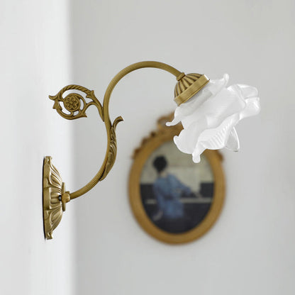 French Rose Floral Glass Brass 1-Light Wall Sconce Lamp