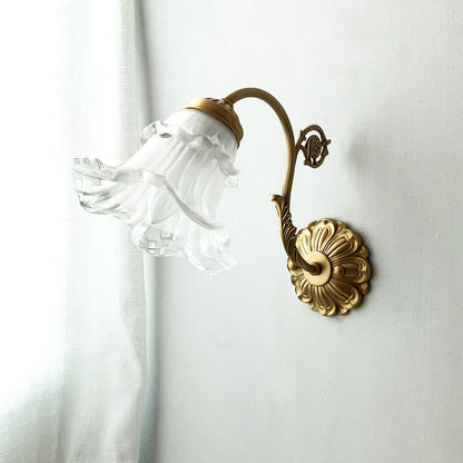 French Rose Floral Glass Brass 1-Light Wall Sconce Lamp