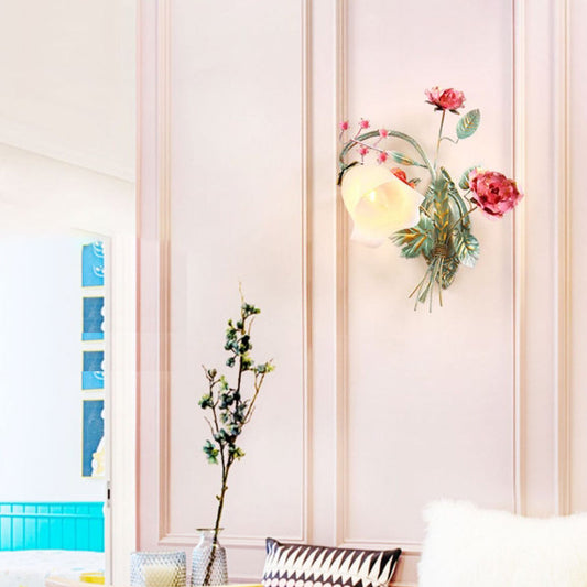 Traditional Rose Floral Glass Iron 1-Light Wall Sconce Lamp