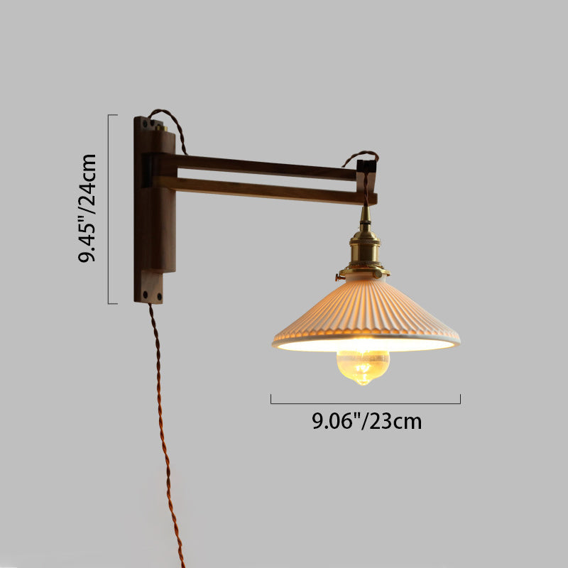 Conical Walnut Ash Wood Brass 1-Light Wall Sconce Lamp