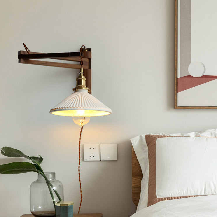 Conical Walnut Ash Wood Brass 1-Light Wall Sconce Lamp