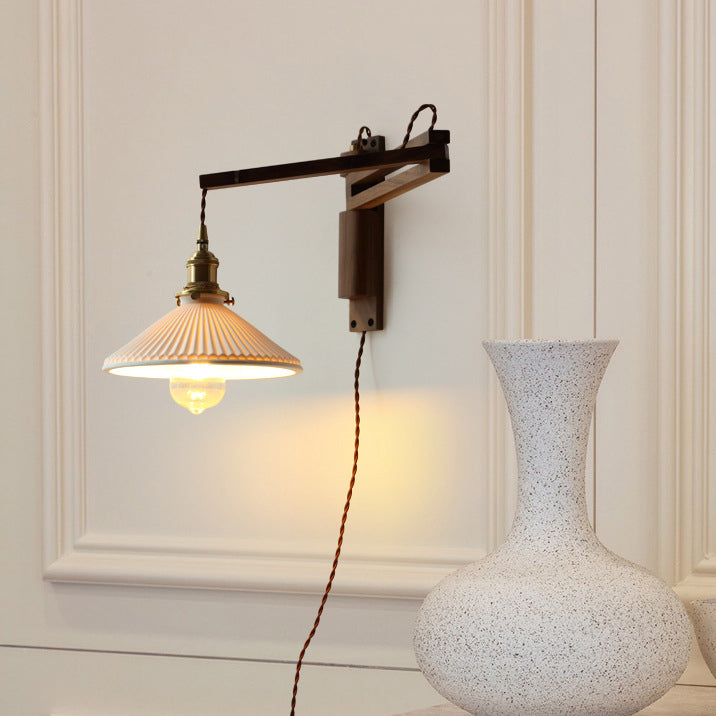 Conical Walnut Ash Wood Brass 1-Light Wall Sconce Lamp