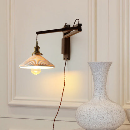 Conical Walnut Ash Wood Brass 1-Light Wall Sconce Lamp