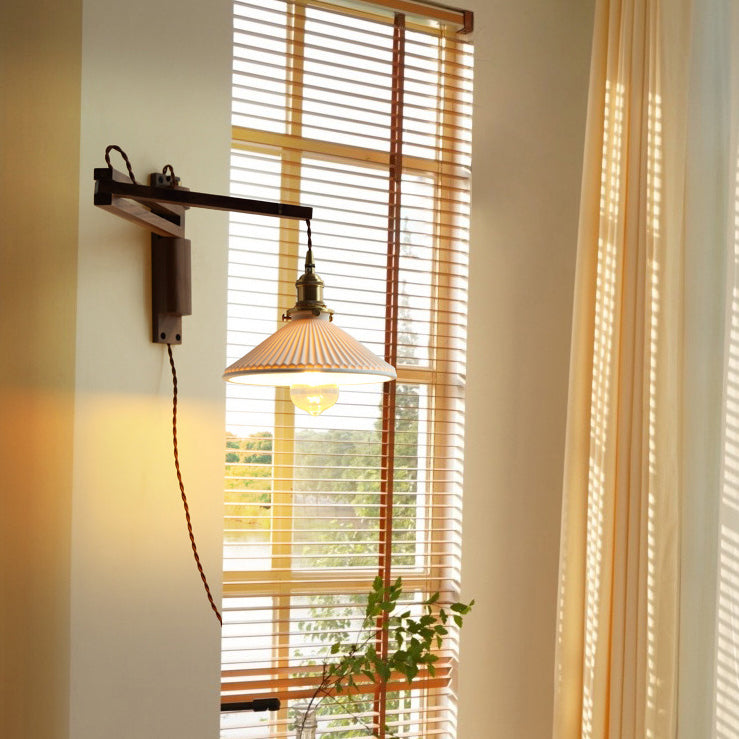 Conical Walnut Ash Wood Brass 1-Light Wall Sconce Lamp