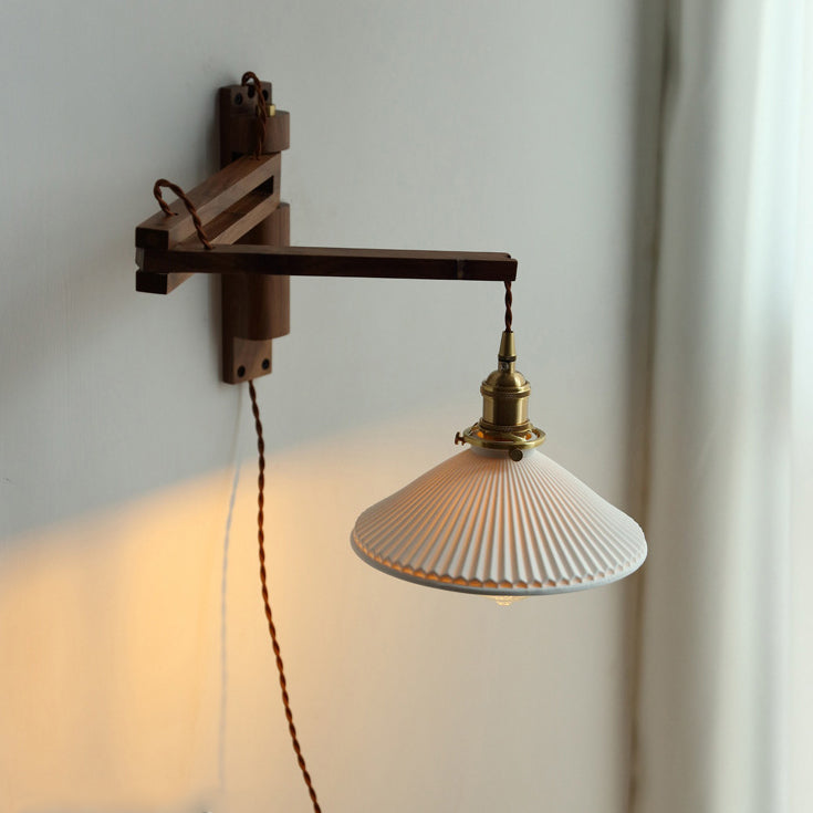 Conical Walnut Ash Wood Brass 1-Light Wall Sconce Lamp