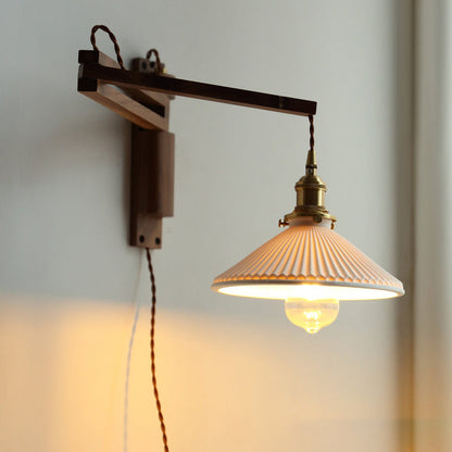 Conical Walnut Ash Wood Brass 1-Light Wall Sconce Lamp