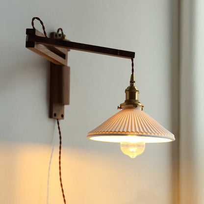Conical Walnut Ash Wood Brass 1-Light Wall Sconce Lamp